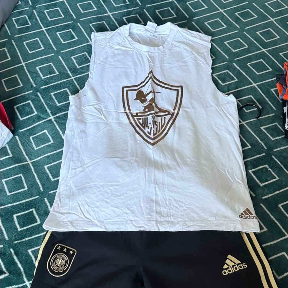 Adidas White Sleeveless Shirt with Brown Logo